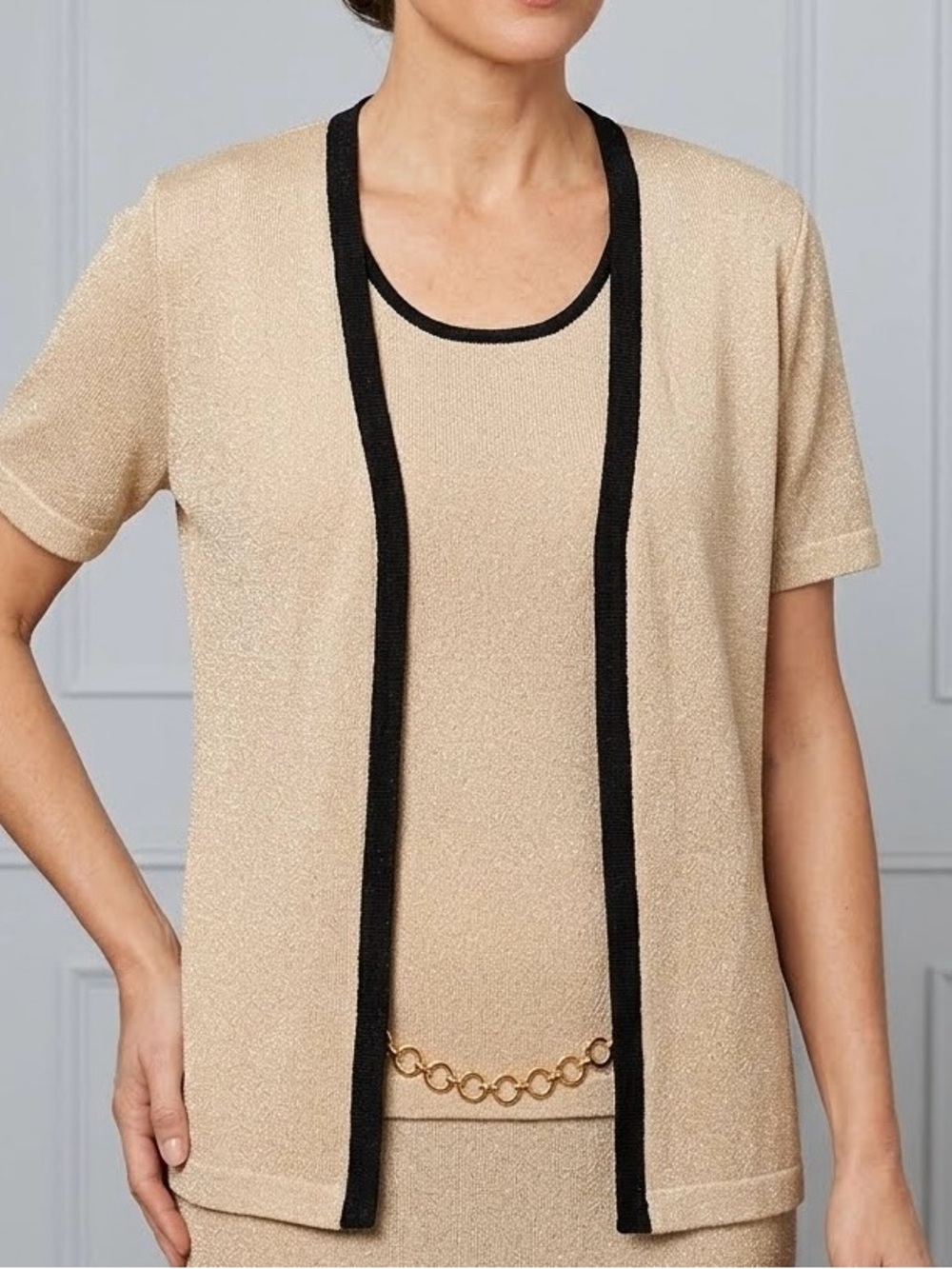 K Studio Vintage Metallic Shimmer Knit Cardigan Beige Black Contrast Trim SZ 14